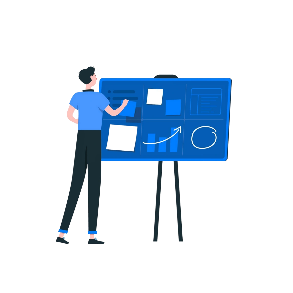 Illustration of a person organizing tasks and charts on a project planning board.