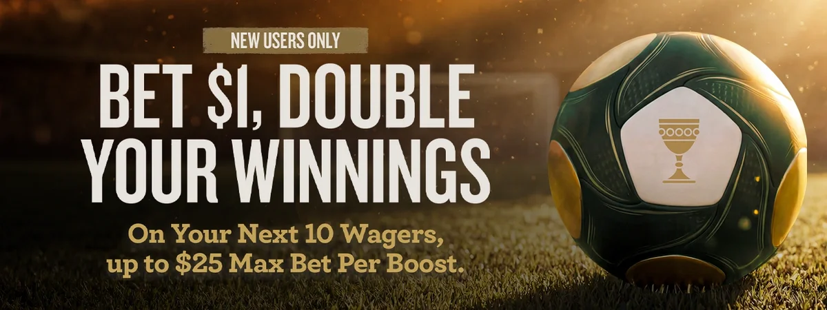 Caesars Sportsbook World Cup promotion banner featuring a soccer ball on a grass field and the offer: "New Users Only &ndash; Bet $1, Double Your Winnings on Your Next 10 Wagers, up to $25 Max Bet Per Boost."