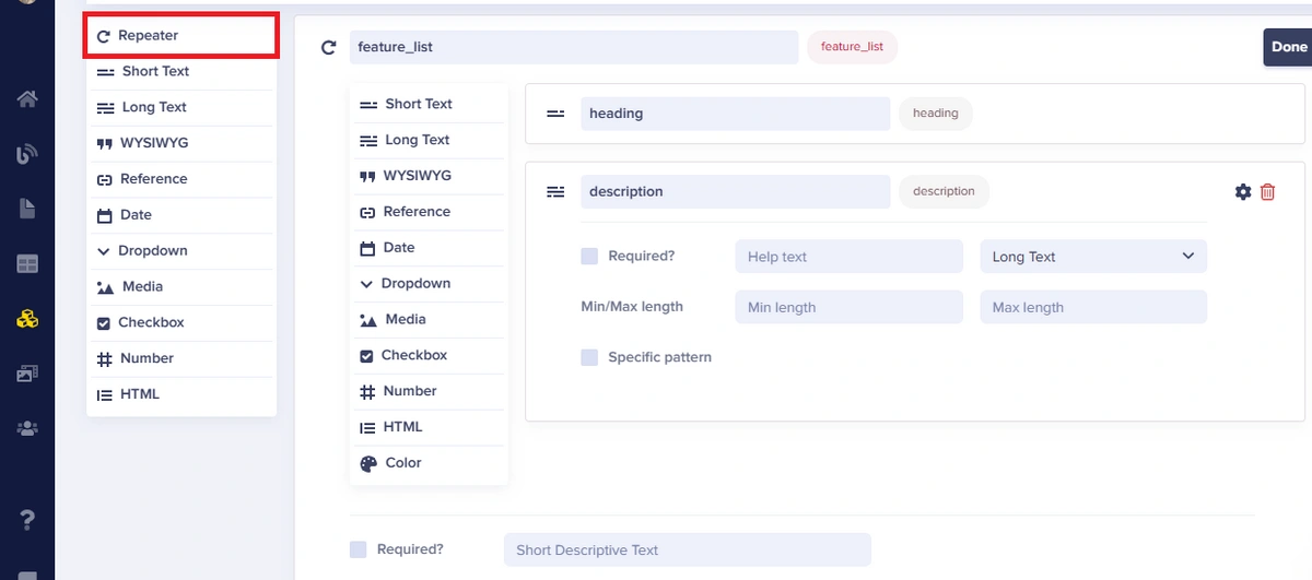 feature_list repeater schema