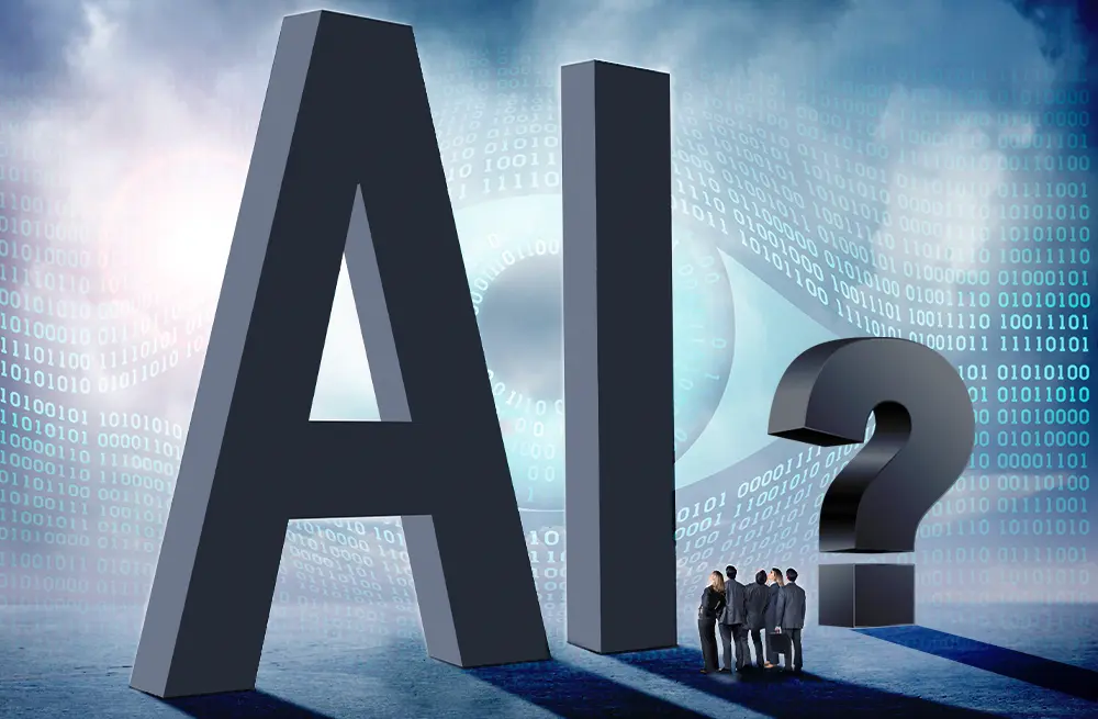 Learning Tree International Blog, "Demystifying AI" A group of people standing in front of large letters A, I, and a question mark.