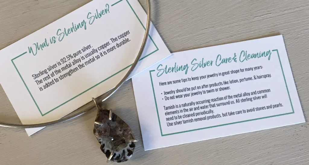 Sterling silver care and info cards