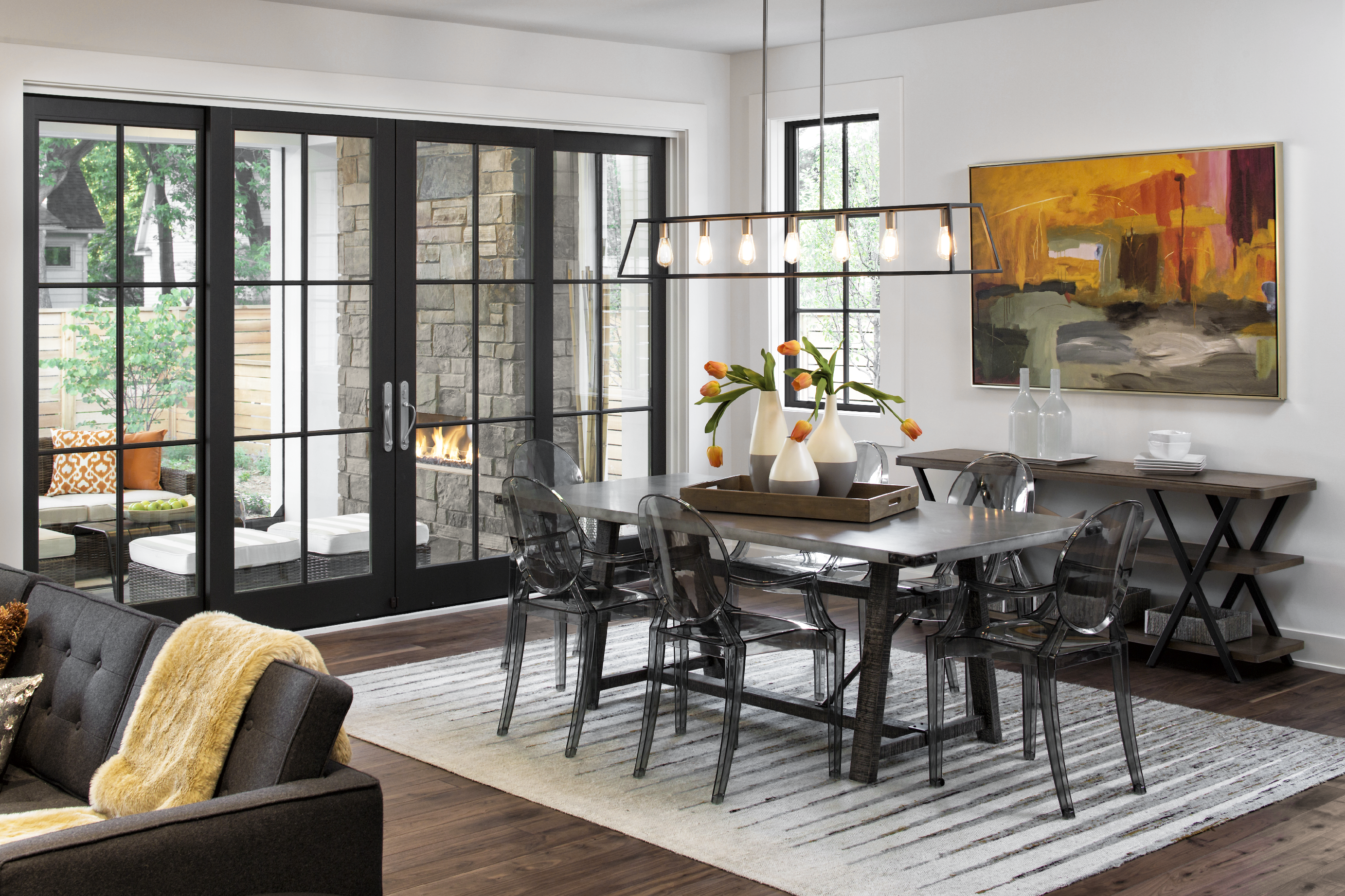 Dining room with new sliding french patio door