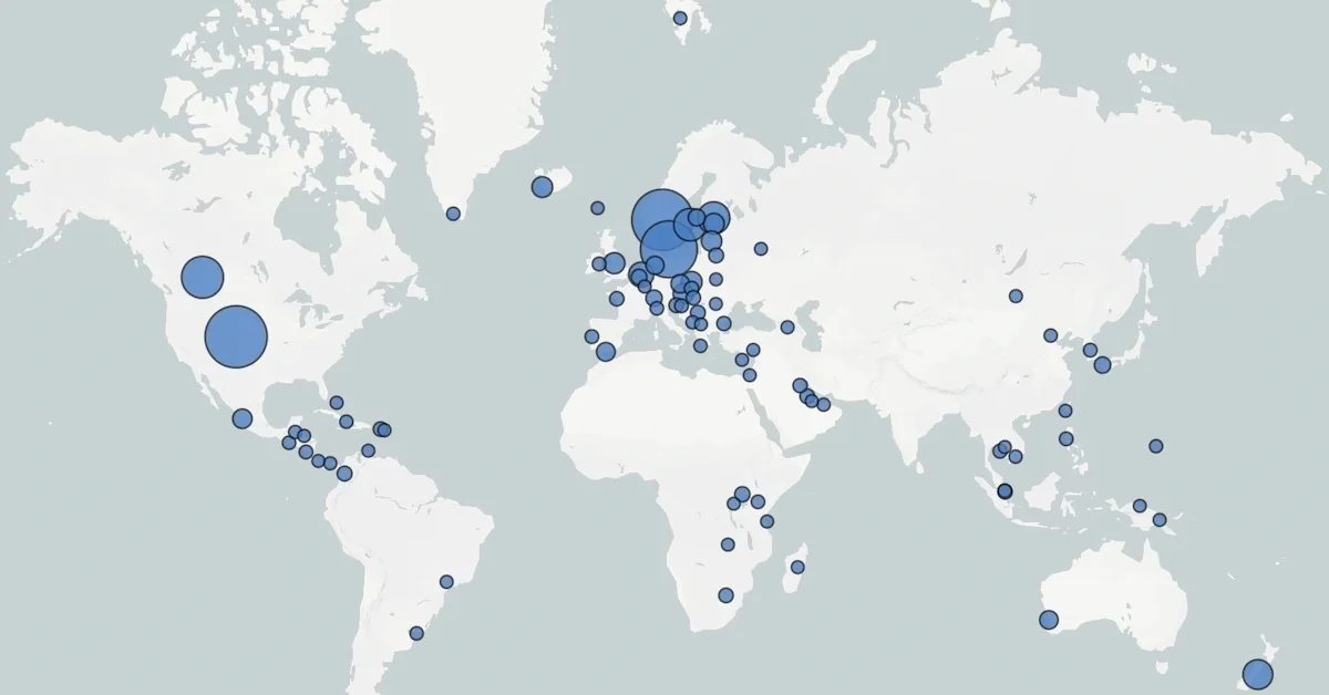 A gray world map with blue dots of different sizes indicating the site and relative popularity of countries' most popular disc golf courses