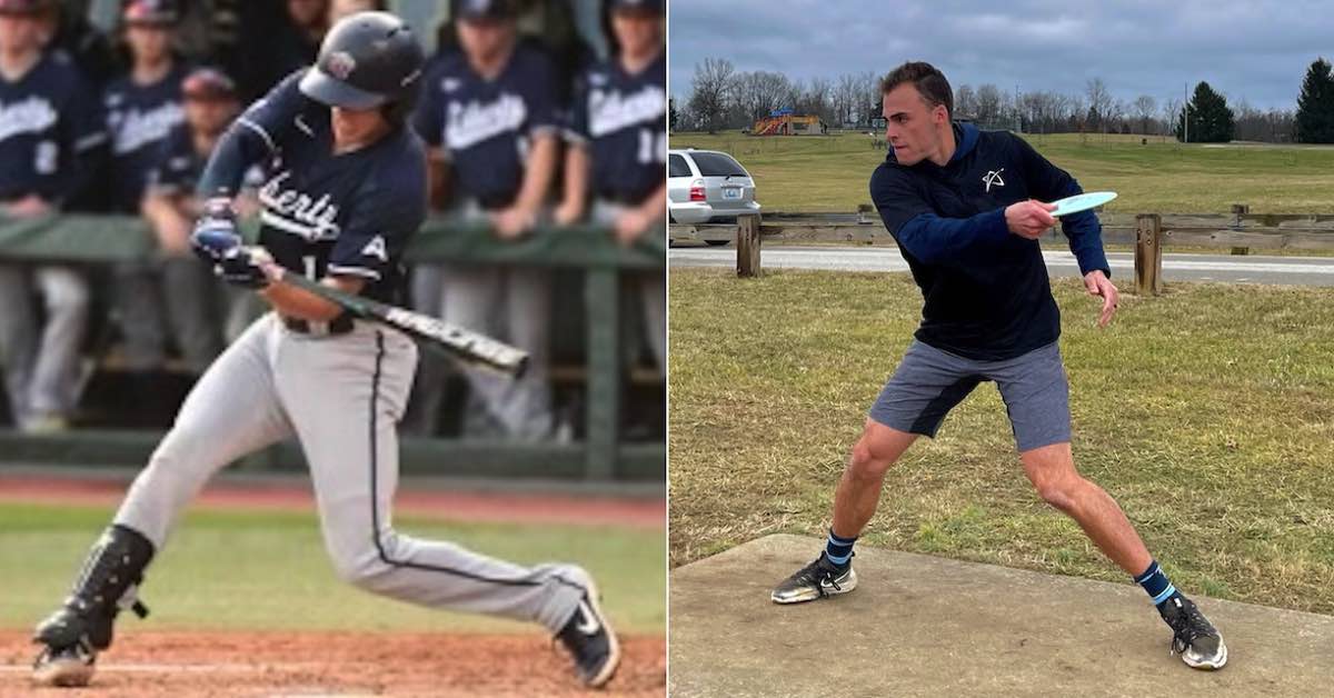 Two images. Left: Man swinging a baseball bat from a left-handed stance. Right: Man throwing a disc from a righthanded stance