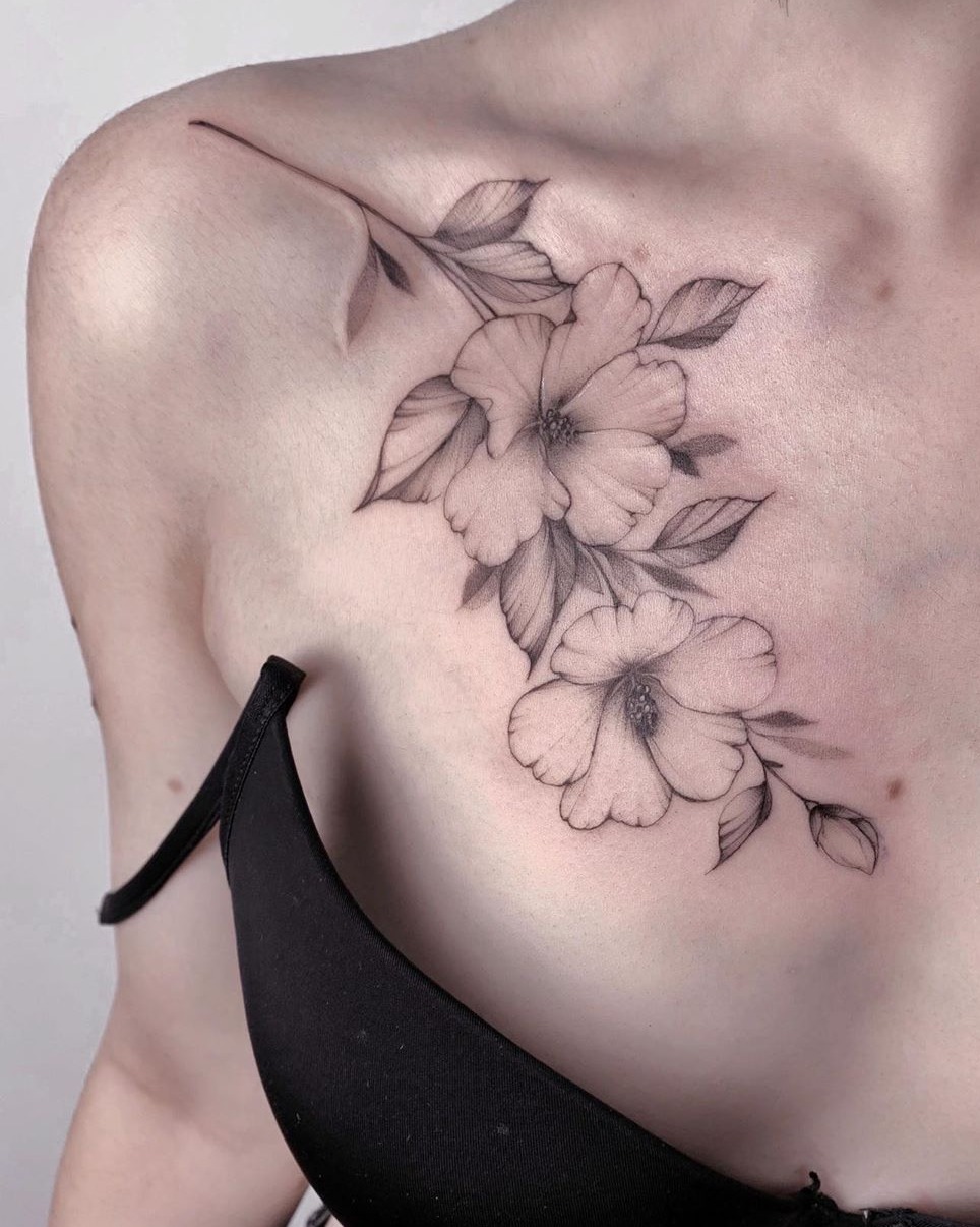 Hibiscus black and grey tattoo