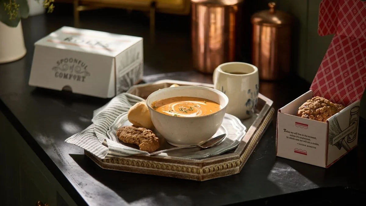 Bowl of creamy tomato soup served on a tray with cookies and a mug, surrounded by Spoonful of Comfort gift boxes in a cozy kitchen setting.
