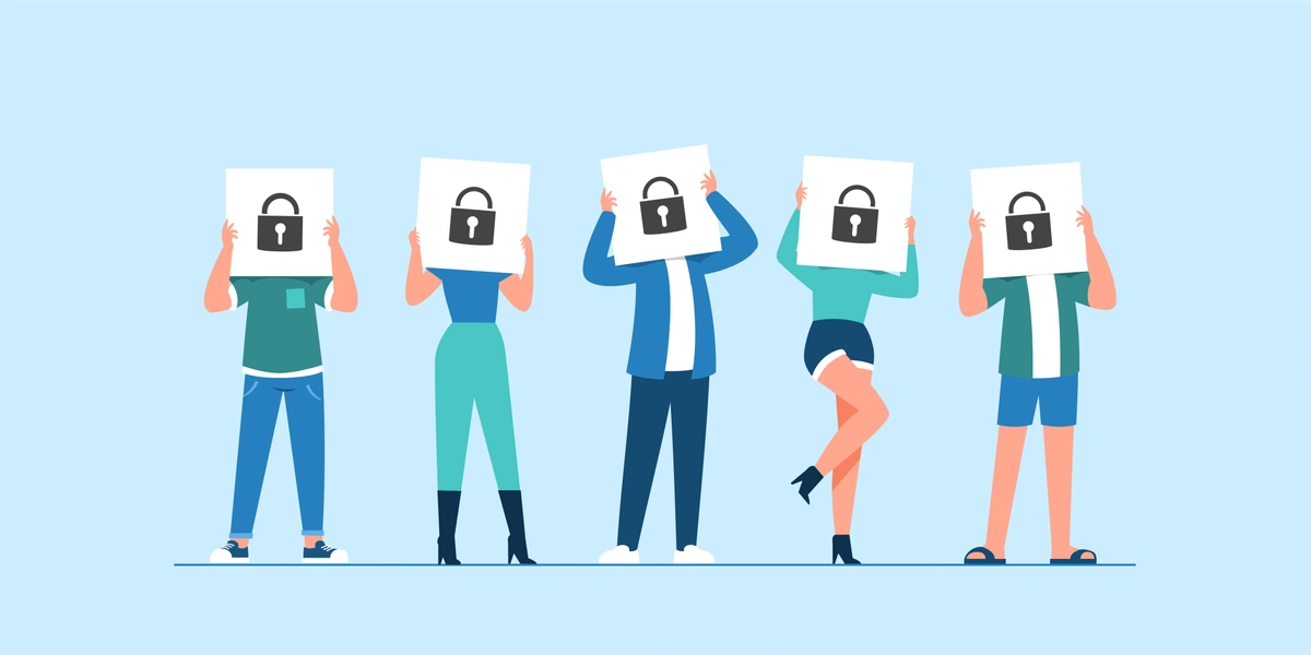 A flat design illustration of a group of people holding up signs with padlock icons, representing data security or privacy.