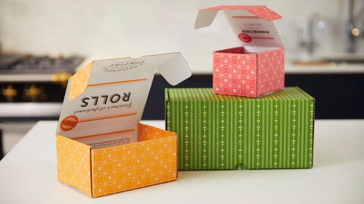 Stacked Spoonful of Comfort gift boxes flipped inside out to display their colorful yellow, green, and red interior patterns