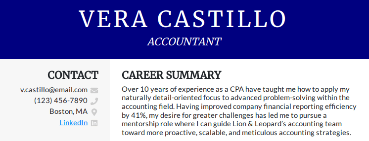 A resume summary for an accountant with 10+ years of experience