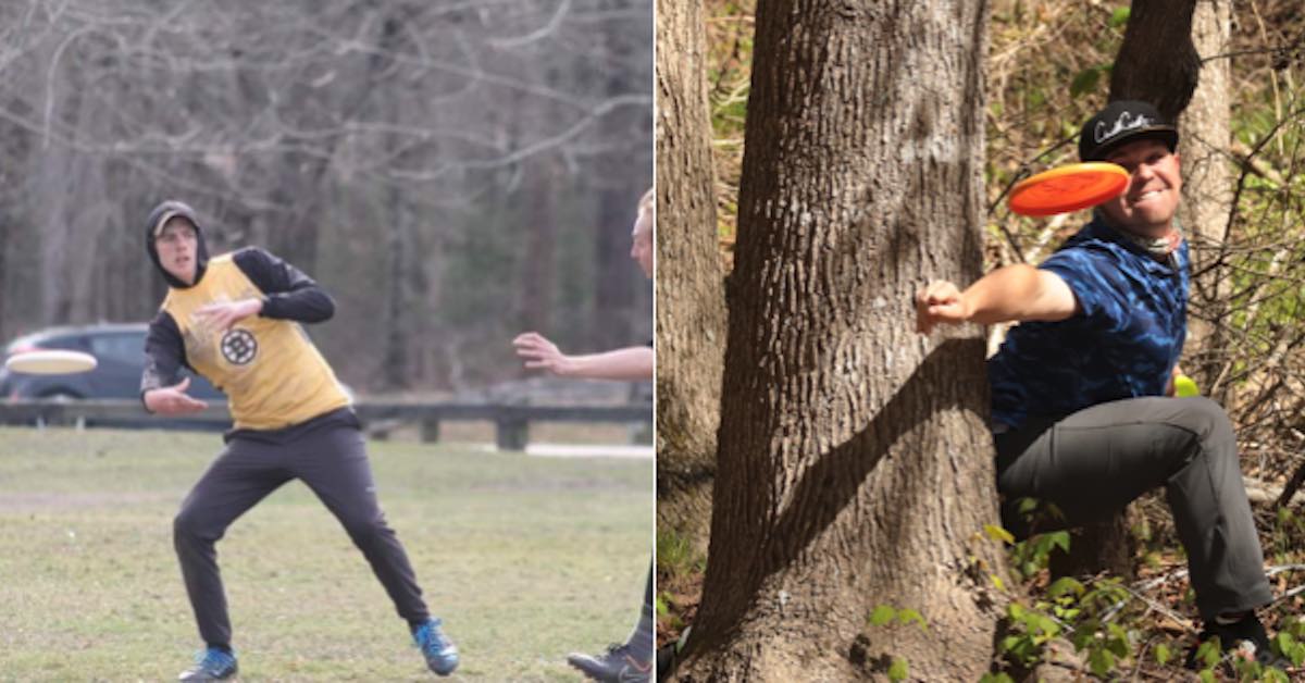 Two photos. Left: An ultimate player angling a forehand around a defender. Right: A disc golfer angling a backhand around a tree