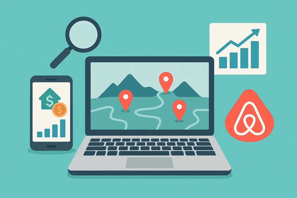 A laptop showing a map of mountain locations with pins, surrounded by a magnifying glass, smartphone with property analytics, and Airbnb icon representing finding Airbnb properties in mountain markets.