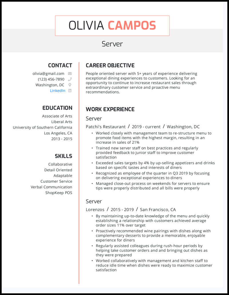 5 Server Resume Examples For 2021