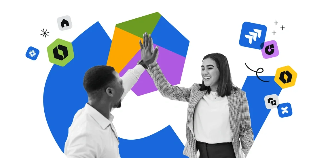Two professionals high-fiving with Atlassian product icons in the background, representing teamwork and collaboration using Atlassian tools.