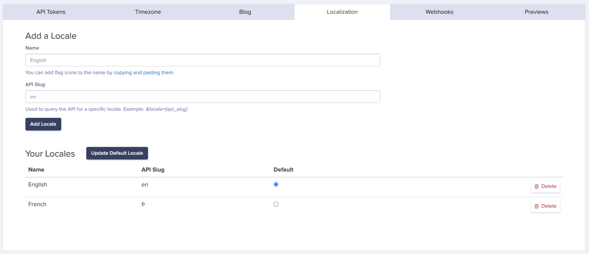 Screenshot: Add a locale in ButterCMS