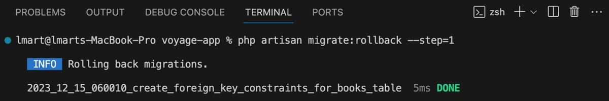 Last migration rolled back in terminal