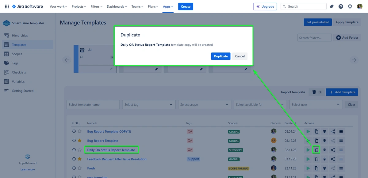 A screenshot from Jira Software displaying a dialog box for duplicating a 'Daily QA Status Report Template', with a background of various issue templates listed.