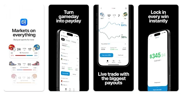 Polymarket mobile app interface showing sports event contracts, live trading dashboard, and instant cash-out feature on smartphone screens