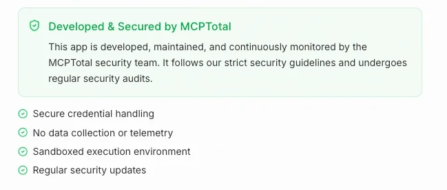 Security details for an MCPTotal developed server shows it has secure credentials handling, doesn't collect data, is sandboxed, & gets security updates.