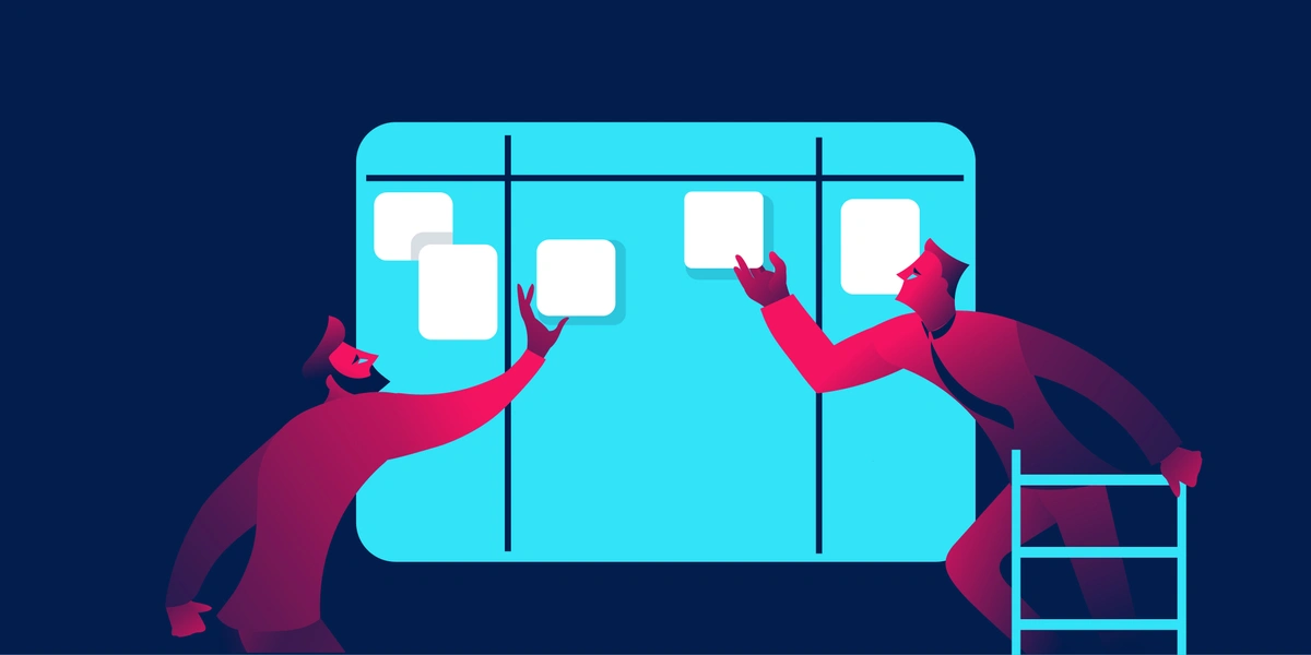 An illustration of two people arranging blank sticky notes on a large digital screen, representing project planning or agile methodology.