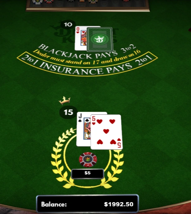 online blackjack table where the player is showing a jack and a 5. the dealer's up card is a queen