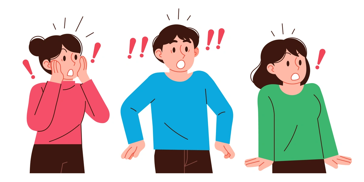 A simple, stylized illustration of three characters with exaggerated facial expressions and gestures, displaying shock, surprise, and disbelief, with prominent exclamation marks to emphasize their reactions.