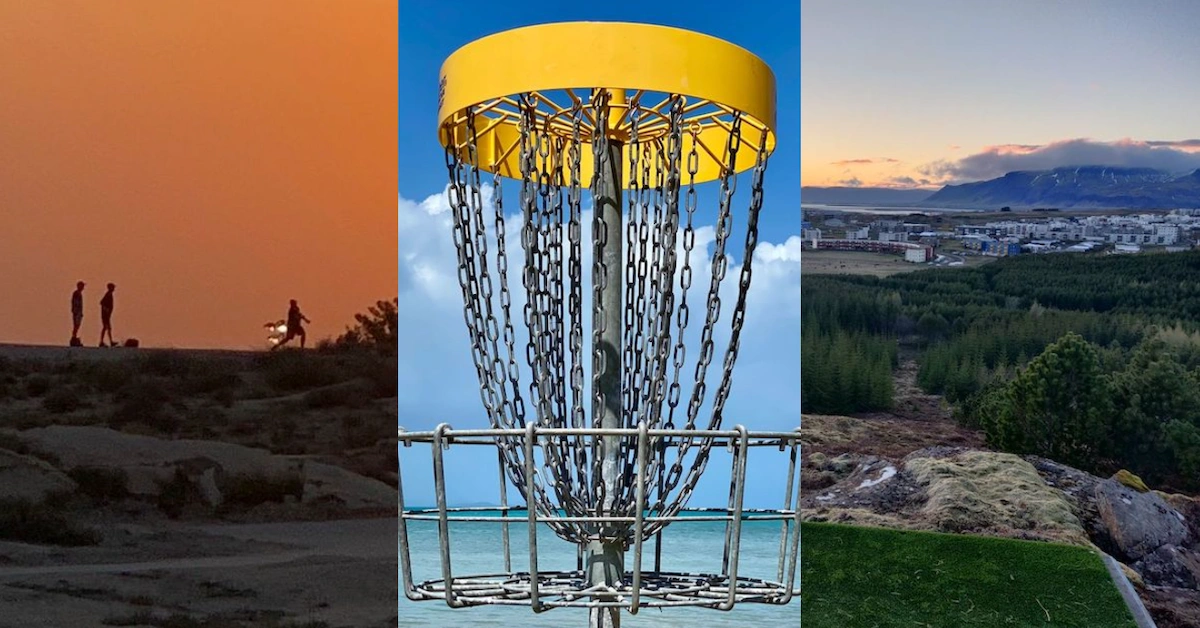 Three images. 1st of three men silouhetted at sunset in a desert, 2nd of a disc golf basket in front of the ocean, 3rd of a turf tee pad and a view of a town and mist-covered mountain