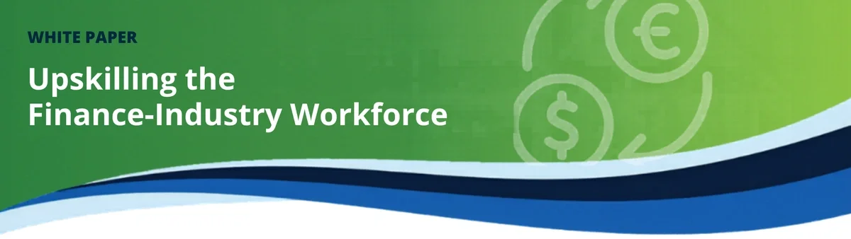 Building a Future-Ready Finance Workforce white paper banner with abstract AI, data, and financial imagery on a green-to-blue gradient.