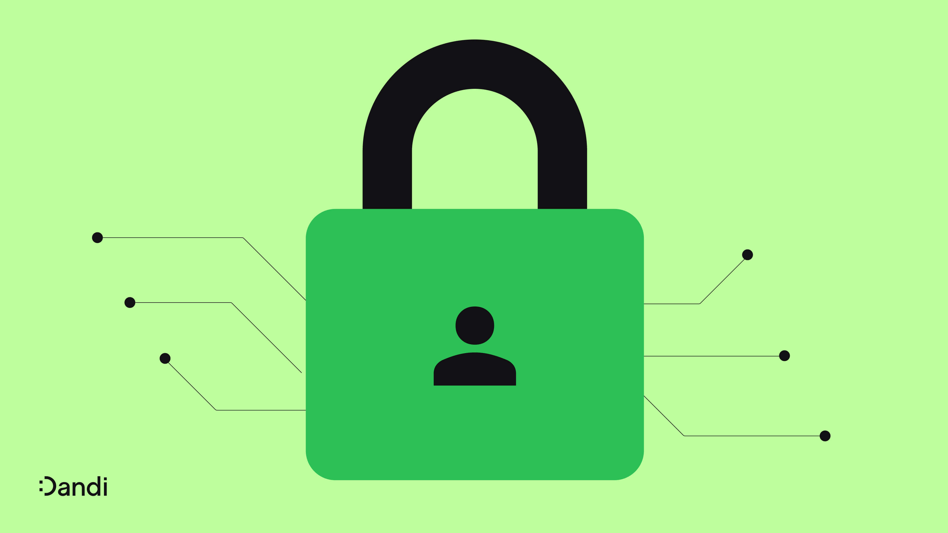 Illustration of padlock overlayed with icon of a person. Thin lines extend from the lock like data points on a chart. The Dandi smiley logo is in the lower left corner. 