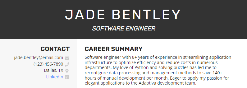 A resume summary for a software engineer with 8+ years of experience