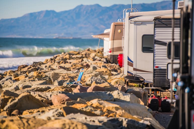 RVs at campground that's on the water