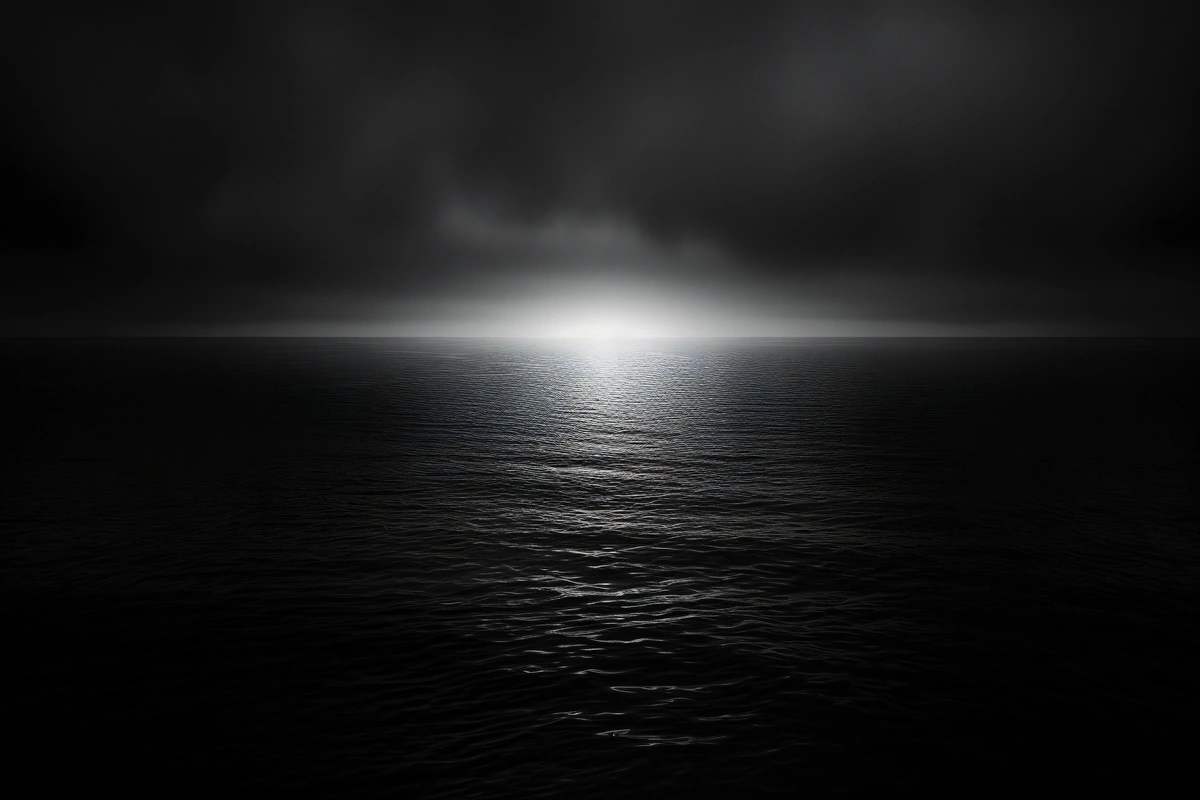 A black and white photograph of a foggy sea at night.