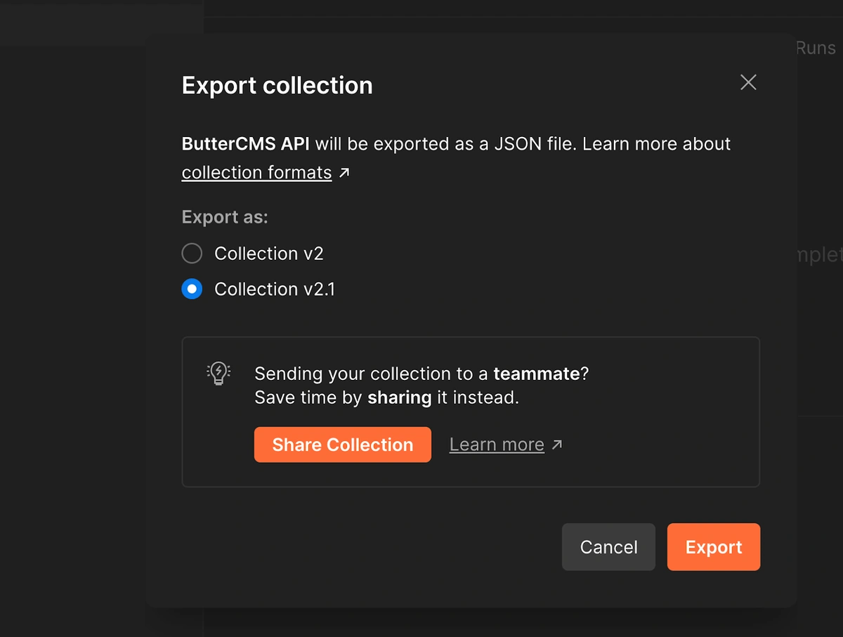 Screenshot of exporting options