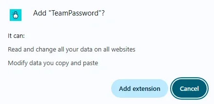 A browser confirmation dialog box asking the user to click Add Extension to install TeamPassword.
