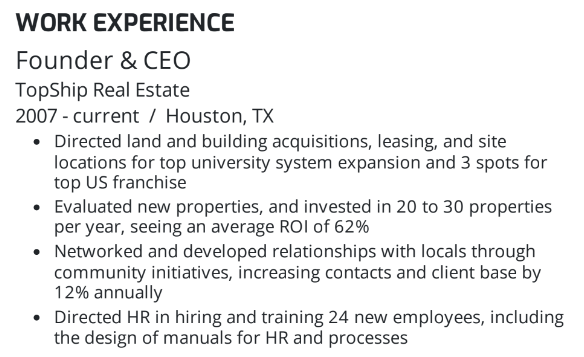 CEO resume work experience metrics