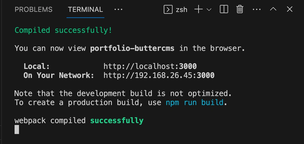 Terminal showing localhost running the project.