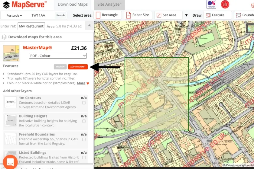 Add to basket button on www.mapserve.co.uk