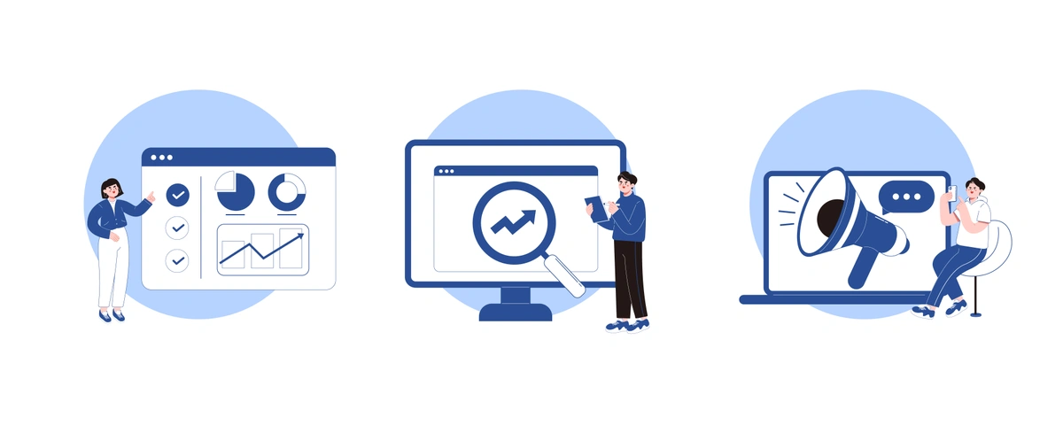 A series of three minimalistic illustrations depicting individuals engaging with different aspects of digital analytics and marketing, including data analysis, search engine optimization, and promotional strategies.