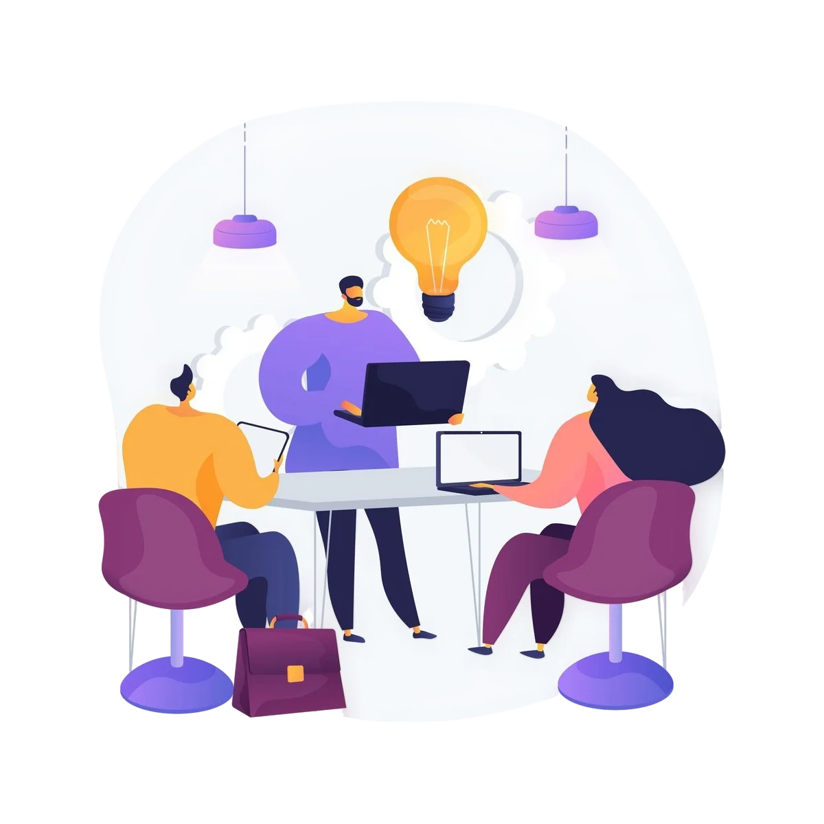 Three people working at a table with laptops and a tablet, light bulb above symbolizing ideas.