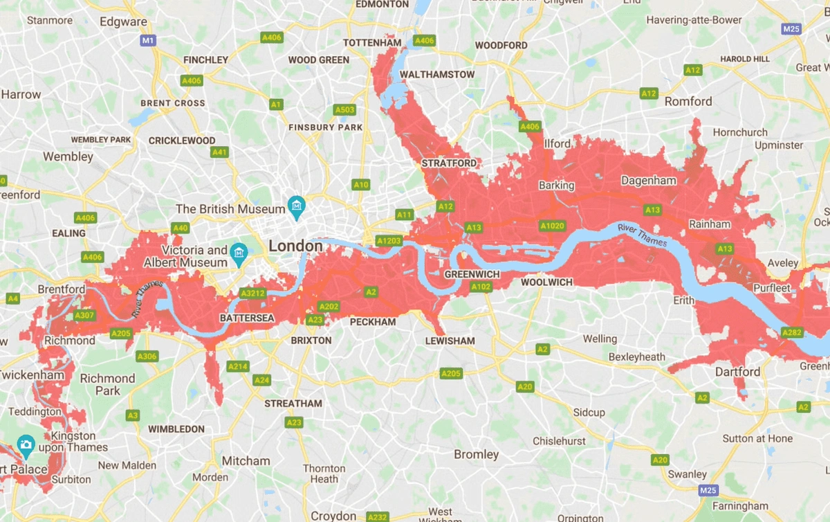 The areas in red face frequent flooding by 2030 (image by NASA)