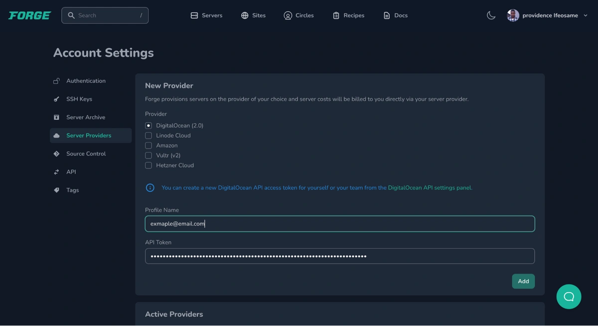 Copy and Paste Digital Ocean API information in the appropriate fields