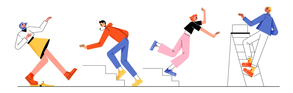 Four people in dynamic poses ascending steps, with one person slipping on a banana peel, another cautiously stepping, and the others confidently striding upwards.