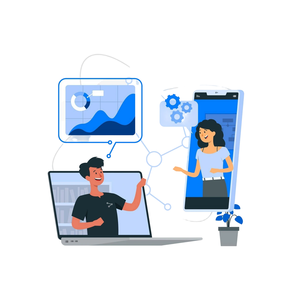 Illustration of two people having a virtual tech discussion via laptop and smartphone.