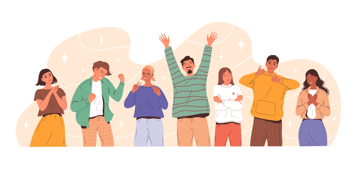 A group of six diverse people celebrating and showing positive gestures, representing a successful team or group collaboration.