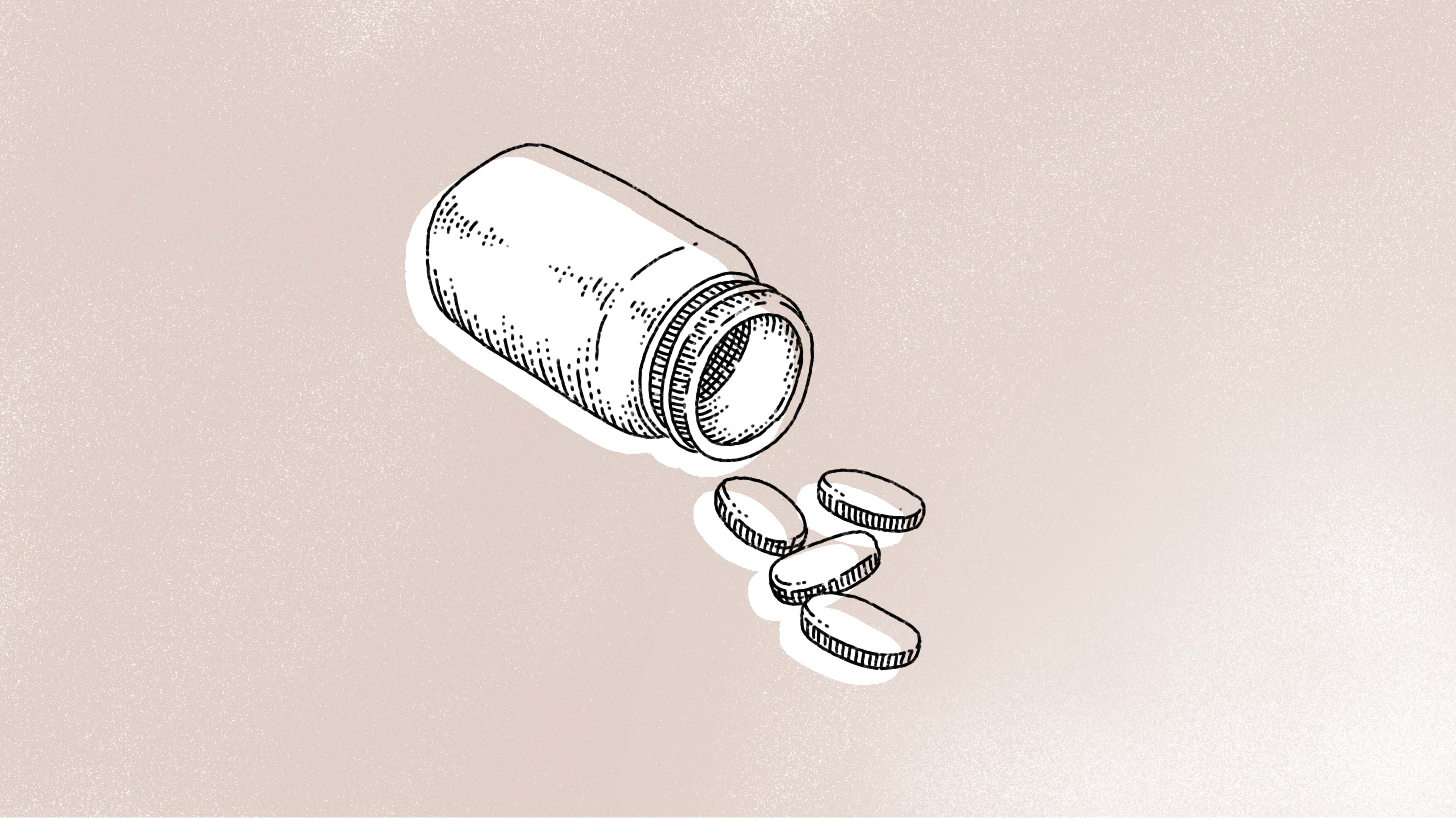 A beige background with an illustration of a bottle and four pills.