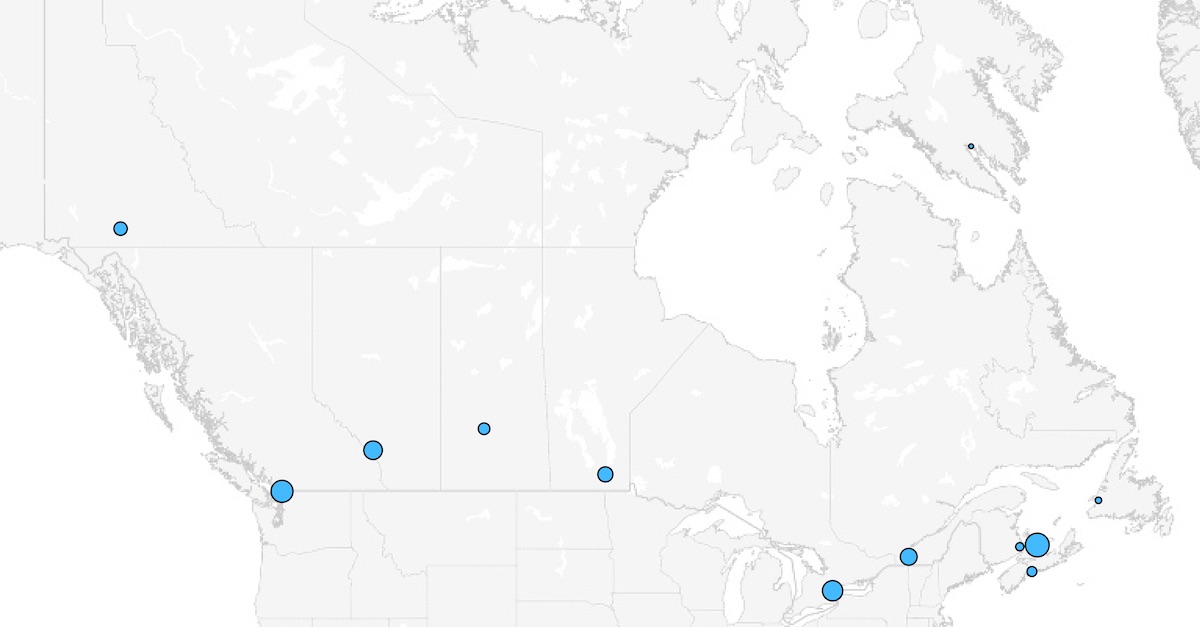 Light blue dots on a map of Canada indicating the location of disc golf courses
