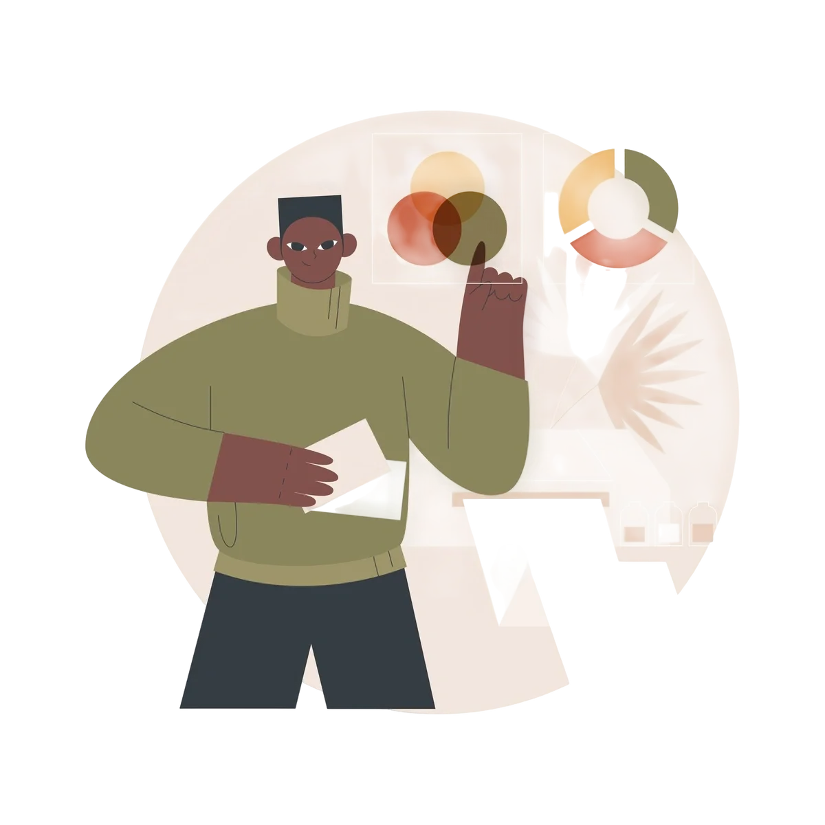 Illustration of a person analyzing charts and data visualizations.