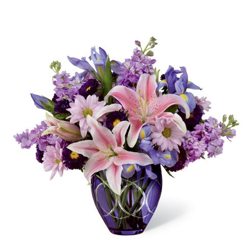 Purple Easter flowers delivery purple stock and pink lily bouquet