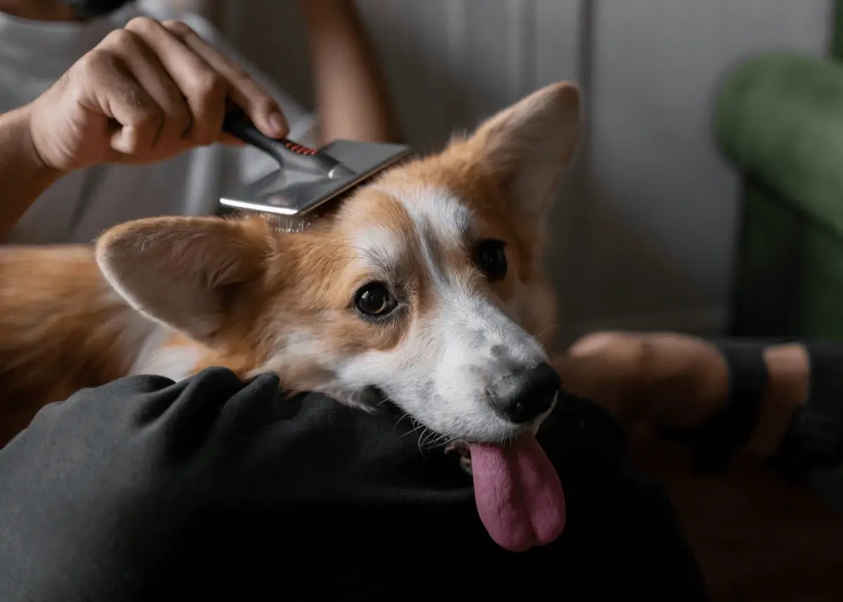 A person brushes a Corgi dog with its pink tongue hanging out