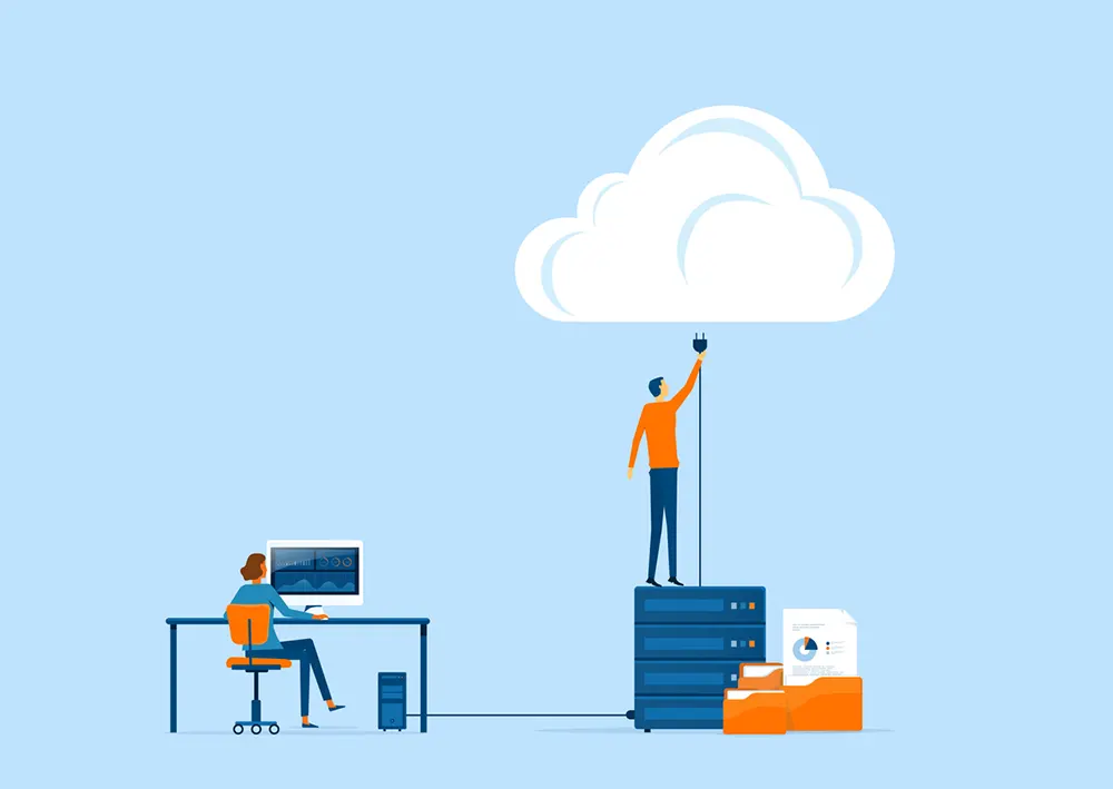 illustration of people plugging server and workstation into a cloud