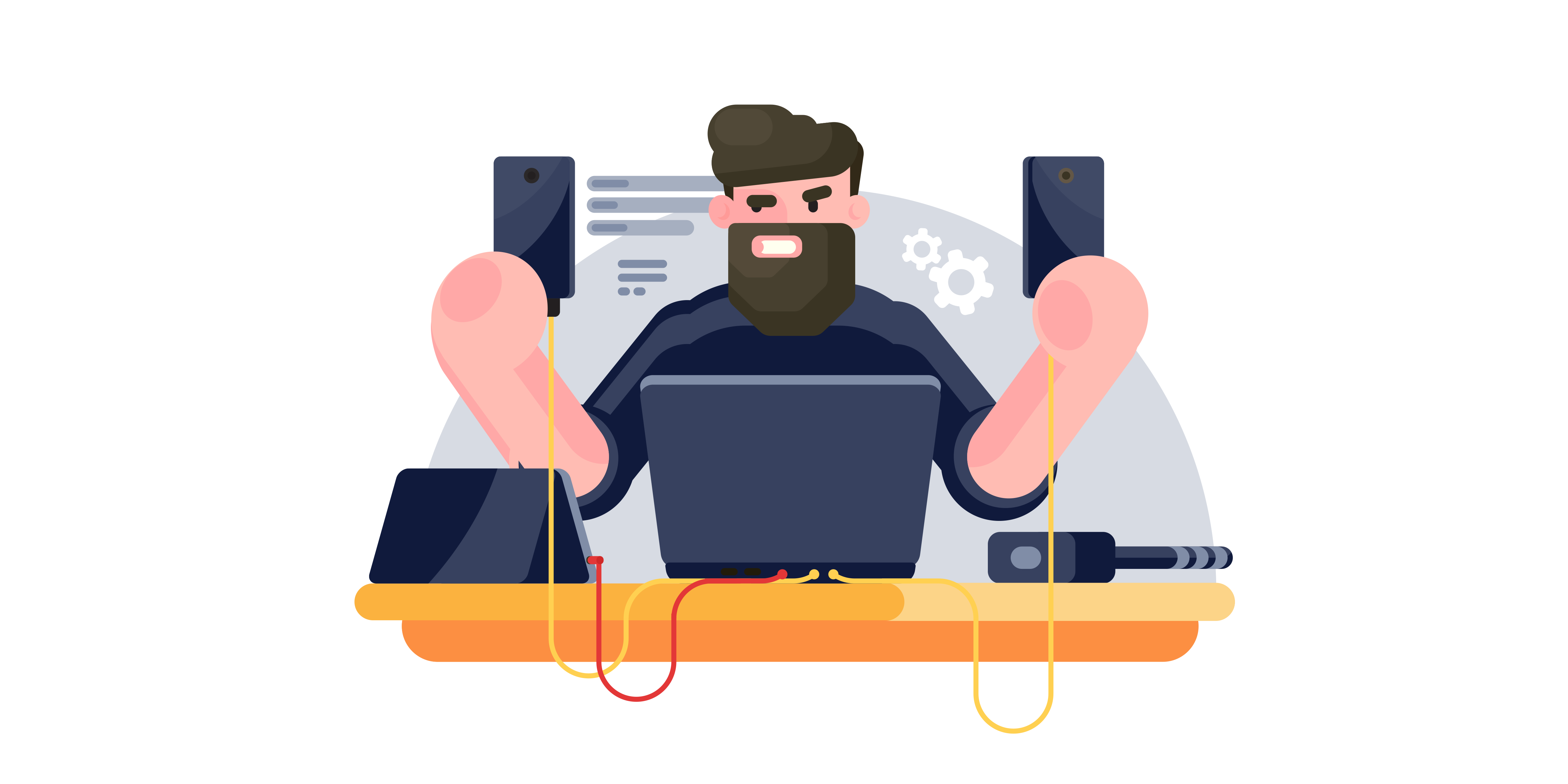 Illustration: A man using Next.js sits surrounded by a bunch of different devices. 